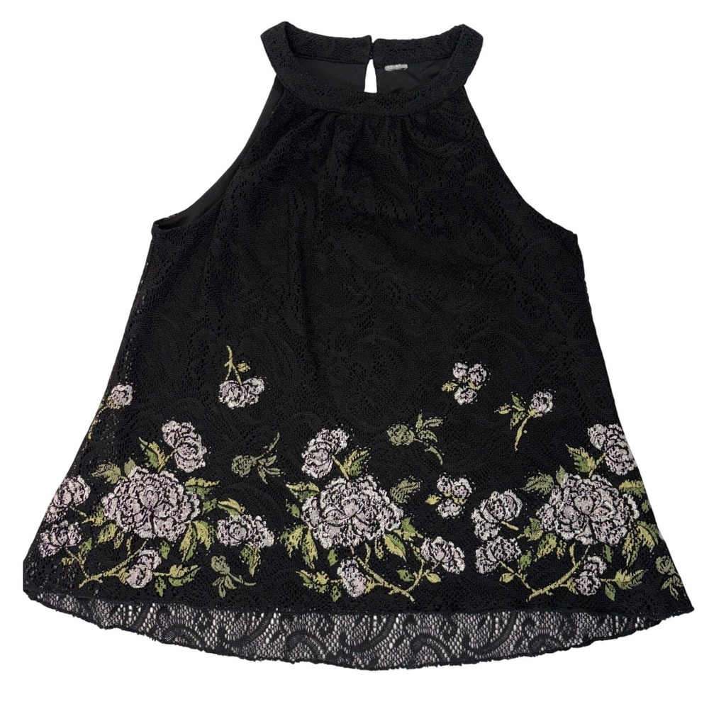 Black Lace Halter Top Floral Embroidered Sleeveless Blouse High Neck Keyhole